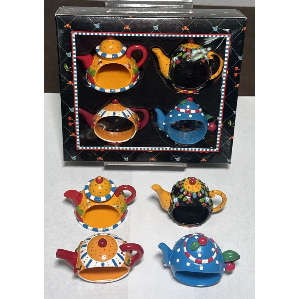 Set 8 Mary Engelbreit Napkin Rings Teapots Colorful Bumble Bees Cherries 1990s